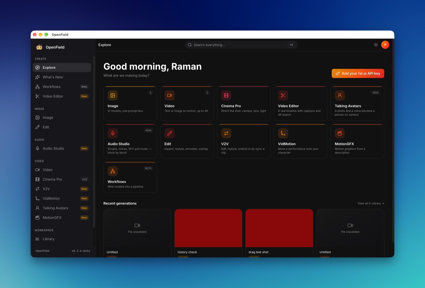 Dark generative AI desktop app home screen with image, video and audio tool tiles