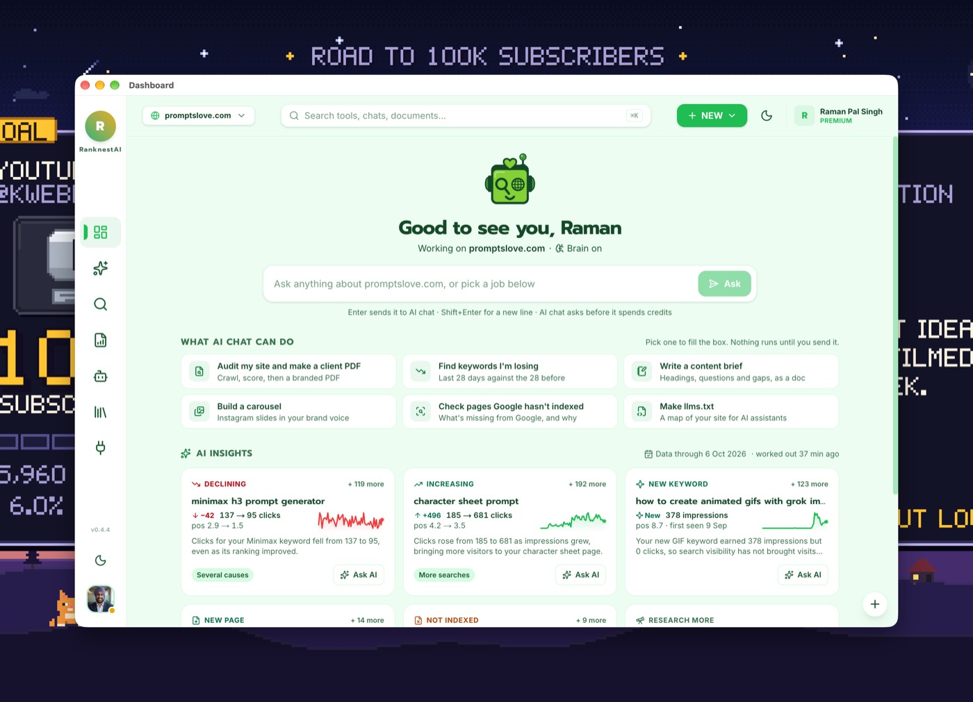 SEO and GEO desktop app dashboard with an AI chat box and keyword insight cards