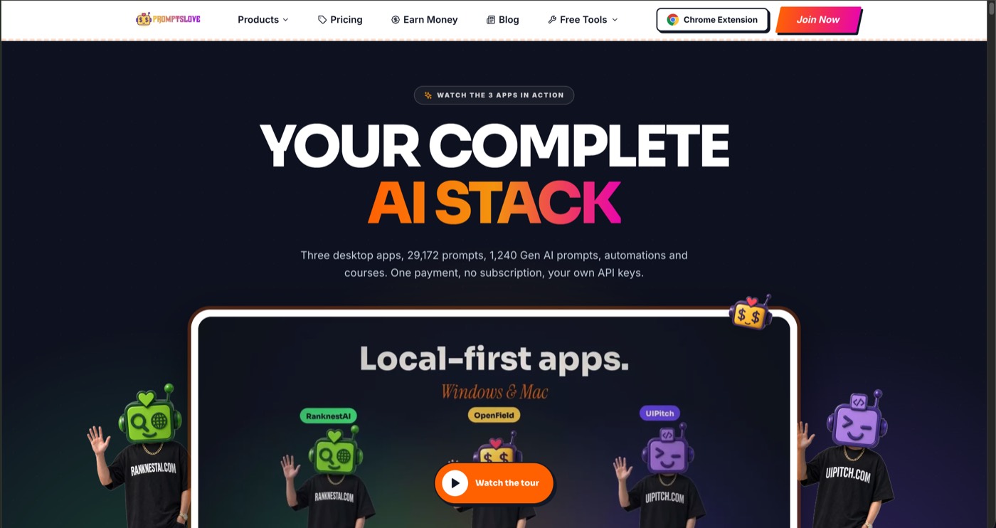 Dark marketing website promoting three AI desktop apps with mascot characters