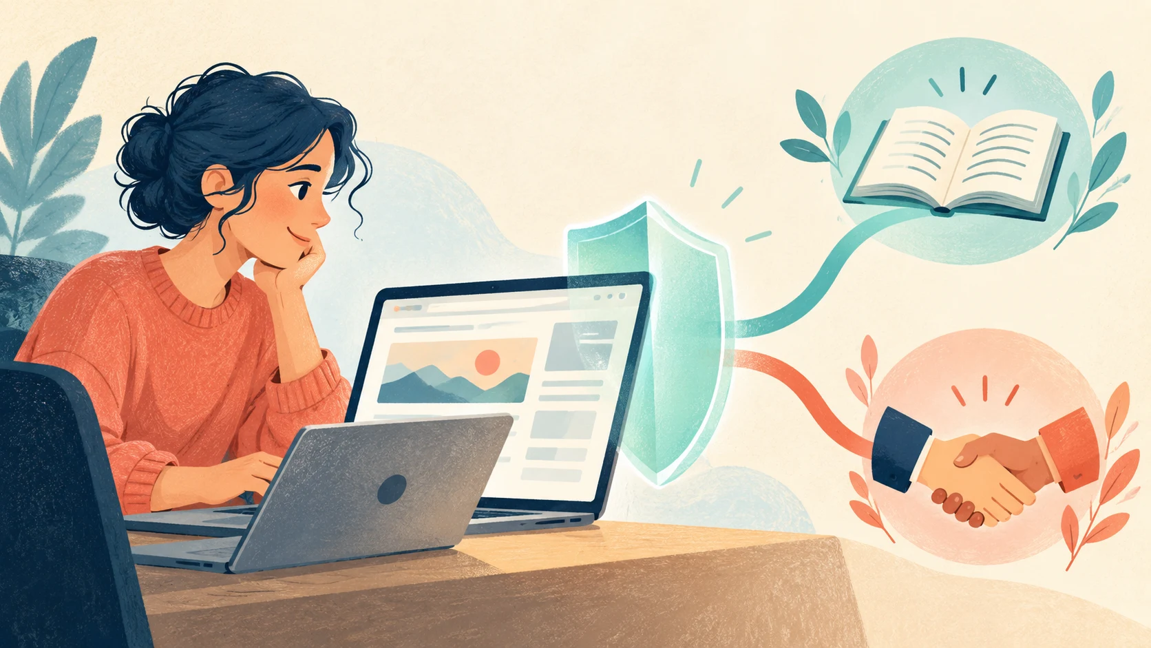 Conceptual illustration of a reader choosing between a readable article and supporting a publisher, with a privacy shield beside a laptop