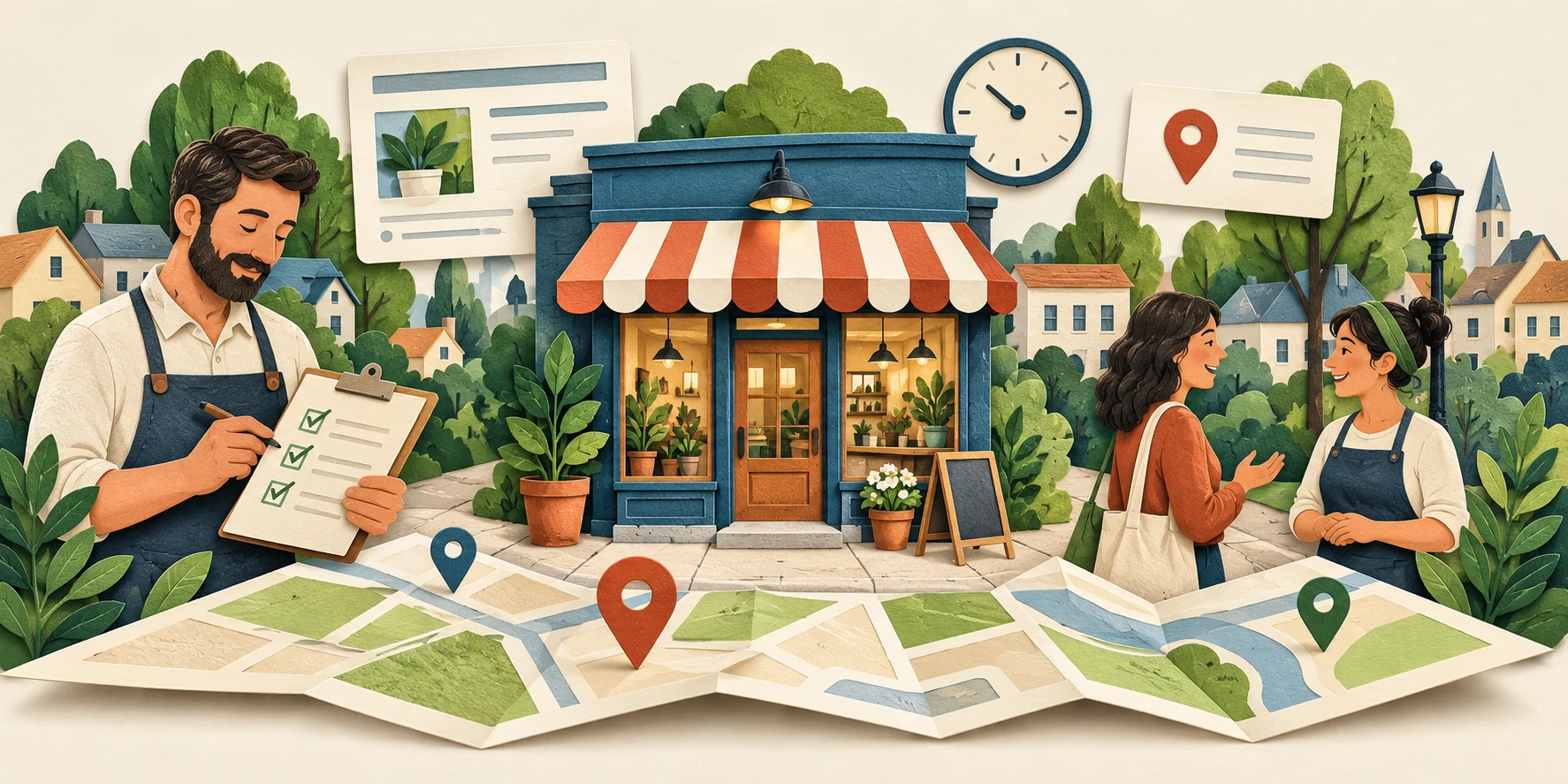 Conceptual illustration of a neighborhood shop, a business-information checklist, customers and map pins