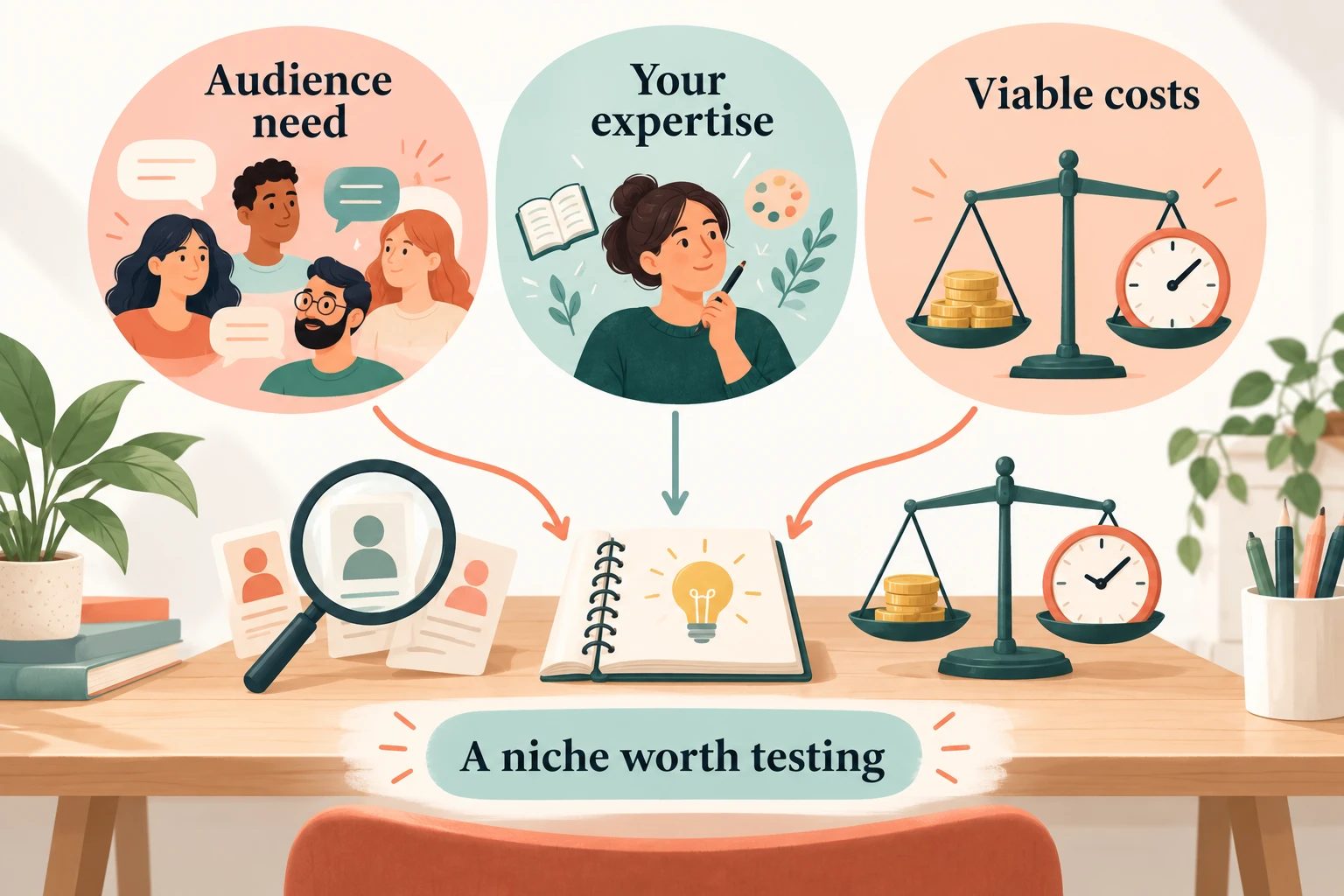 Concept illustration connecting audience need, your expertise, and viable costs to a niche worth testing