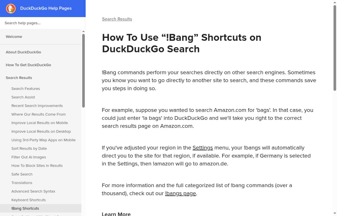 DuckDuckGo help page explaining that bang shortcuts send a search directly to another website.