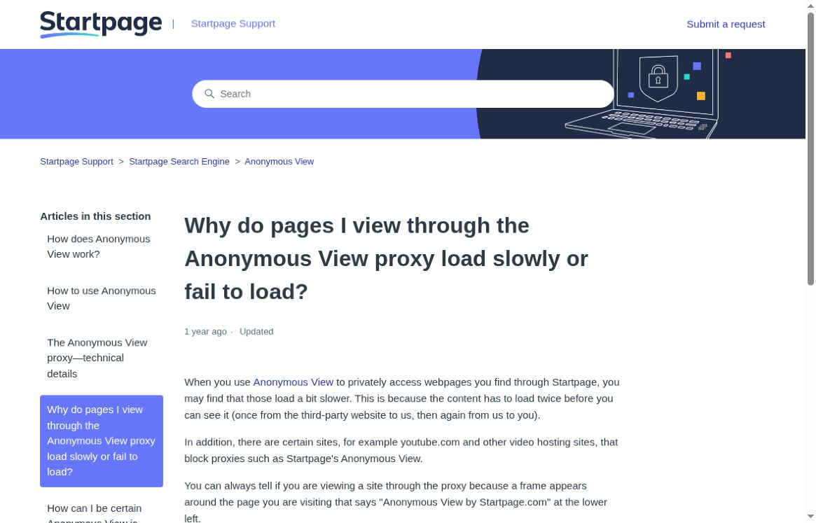 Startpage support page explaining why Anonymous View pages may load slowly or fail.