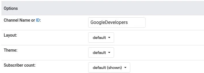 Google's live subscribe-button configurator showing channel, layout, theme and subscriber-count controls