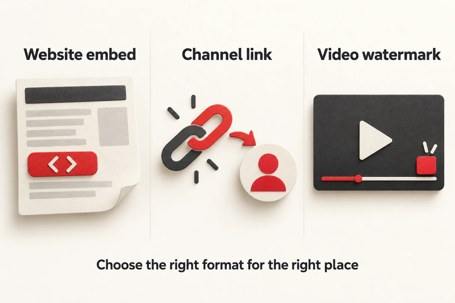 Conceptual illustration comparing a website embed, a channel link and a video watermark