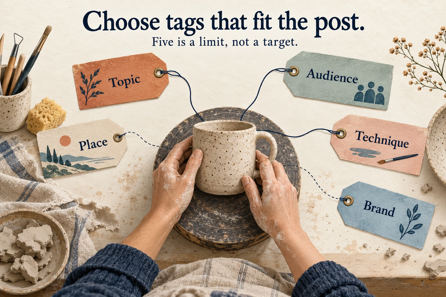 How to Use Instagram Hashtags for Likes and Followers 1 Original illustration of a ceramic mug connected to five tag choices: topic, audience, place, technique and brand.