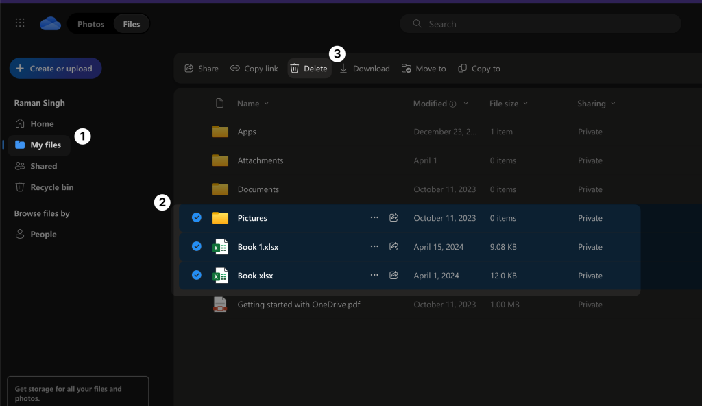 onedrive storage selection