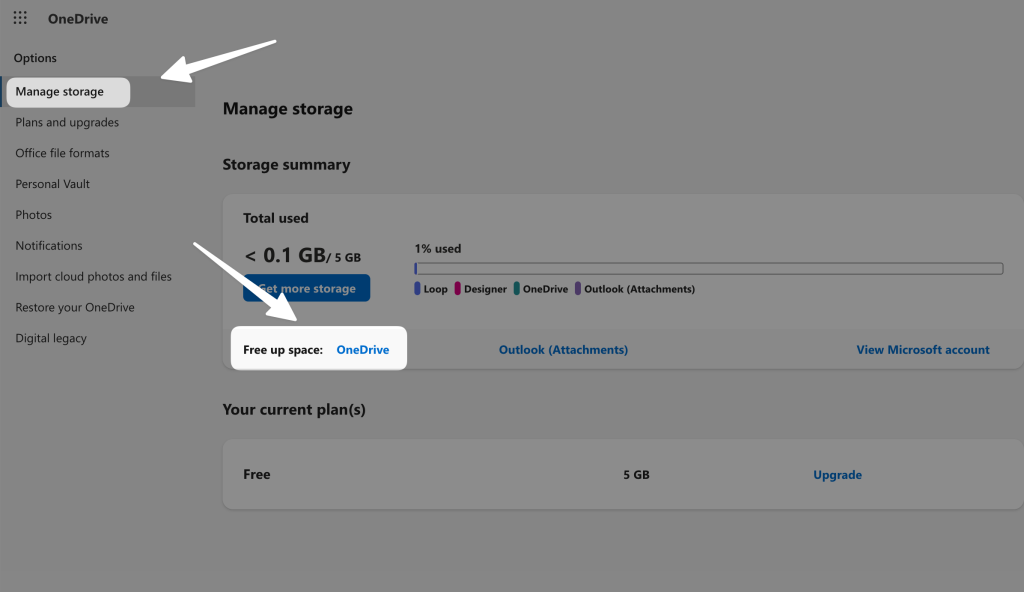 free up space option under manage storage
