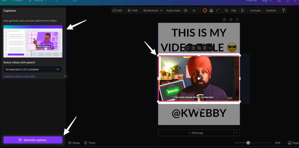 screenshot showing captions featur e of the canva