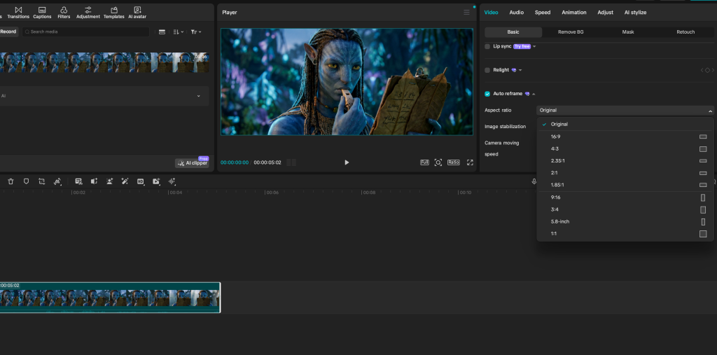 Screenshot showing auto reframe feature of the capcut