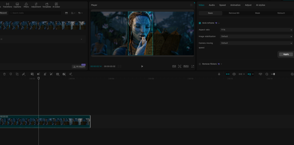 screenshot showing auto reframe apply feature of CapCut