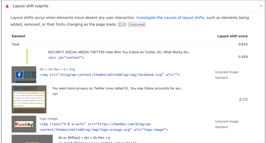 screenshot showcasing exact elements that cause layout shifts