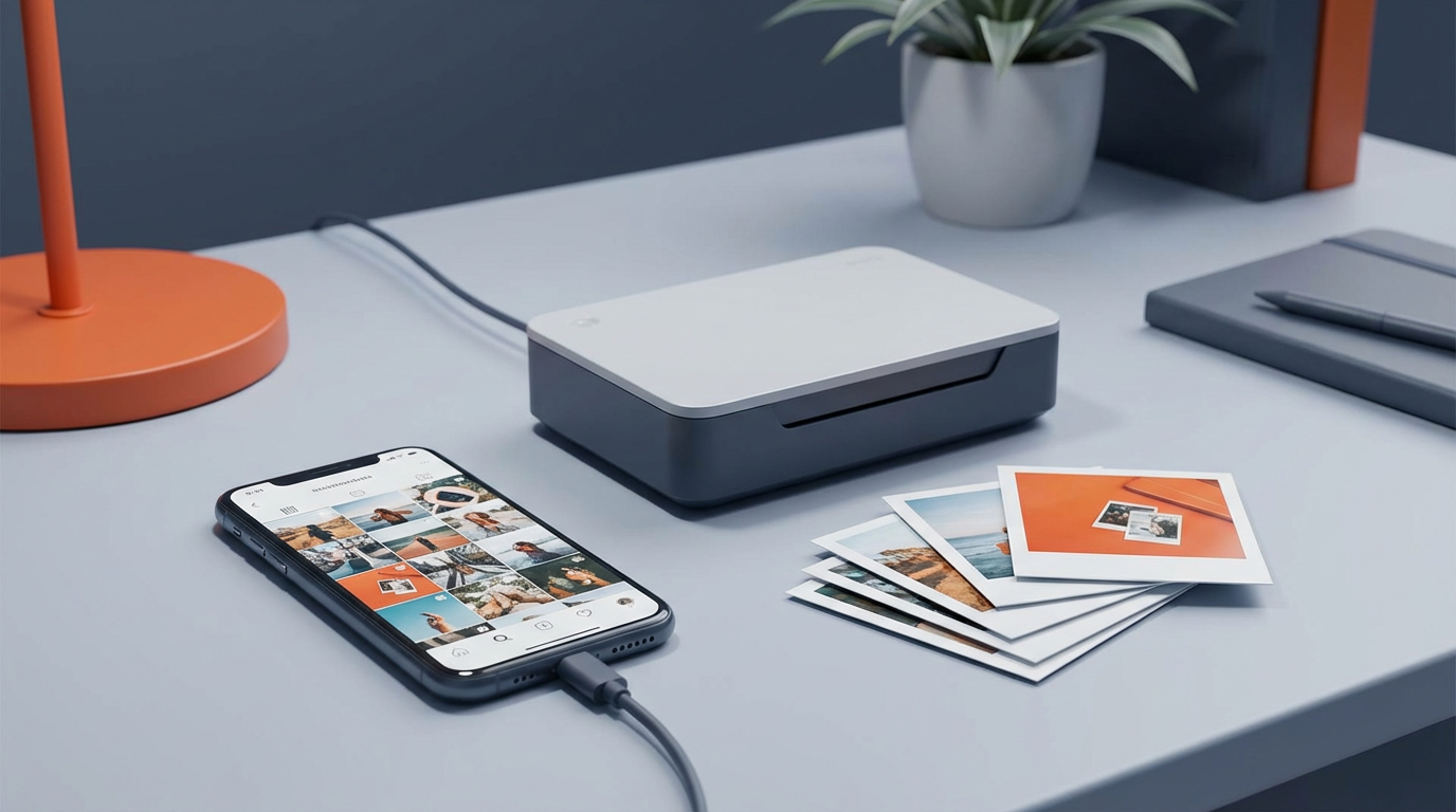 Smartphone showing Instagram photo with printer output, how to print out instagram pics step-by-step guide