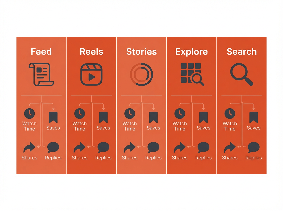 How the Instagram Algorithm Works in 2026 (20 Actionable Tips): split-screen Feed, Reels, Stories, Explore, Search signals