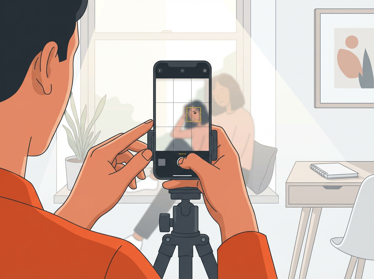 how I take professional headshot with an iphone: iPhone on tripod by window, Camera app grid on, focus box on eye