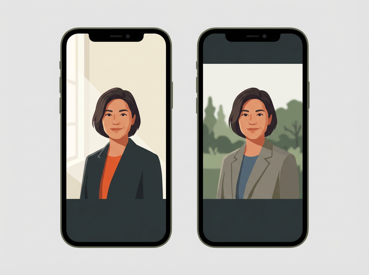 Two iPhone portraits indoors by window and outdoors in shade, showing how I take professional headshot with an iphone