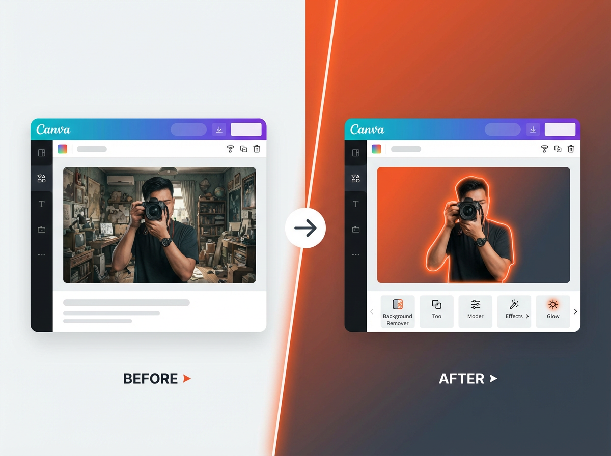 Top 10 Canva Tricks for YouTube Thumbnails That Get Clicks 4 Top 10 Canva Tricks for Youtube Thumbnails: before-and-after Canva thumbnail with background removed and glow outline added