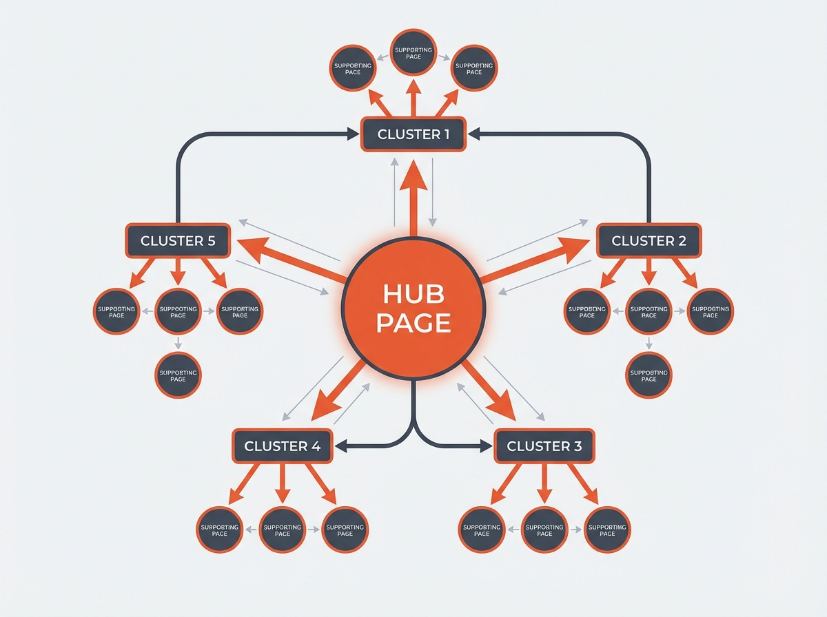Topical map diagram with hub page, five clusters and supporting pages linked by arrows, 20 Ways to generate Topical map