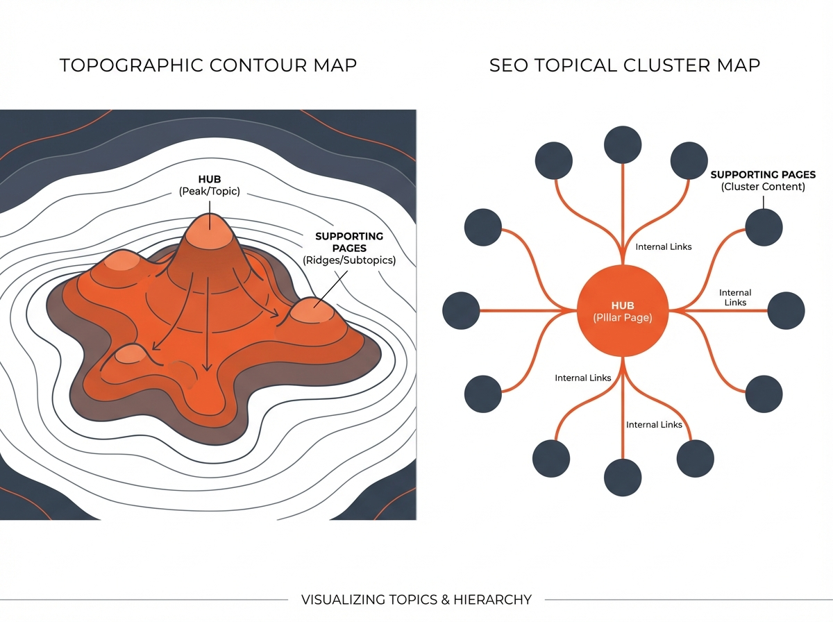 Topographic contours beside SEO cluster map with hub/supporting labels, 20 Ways to generate Topical map