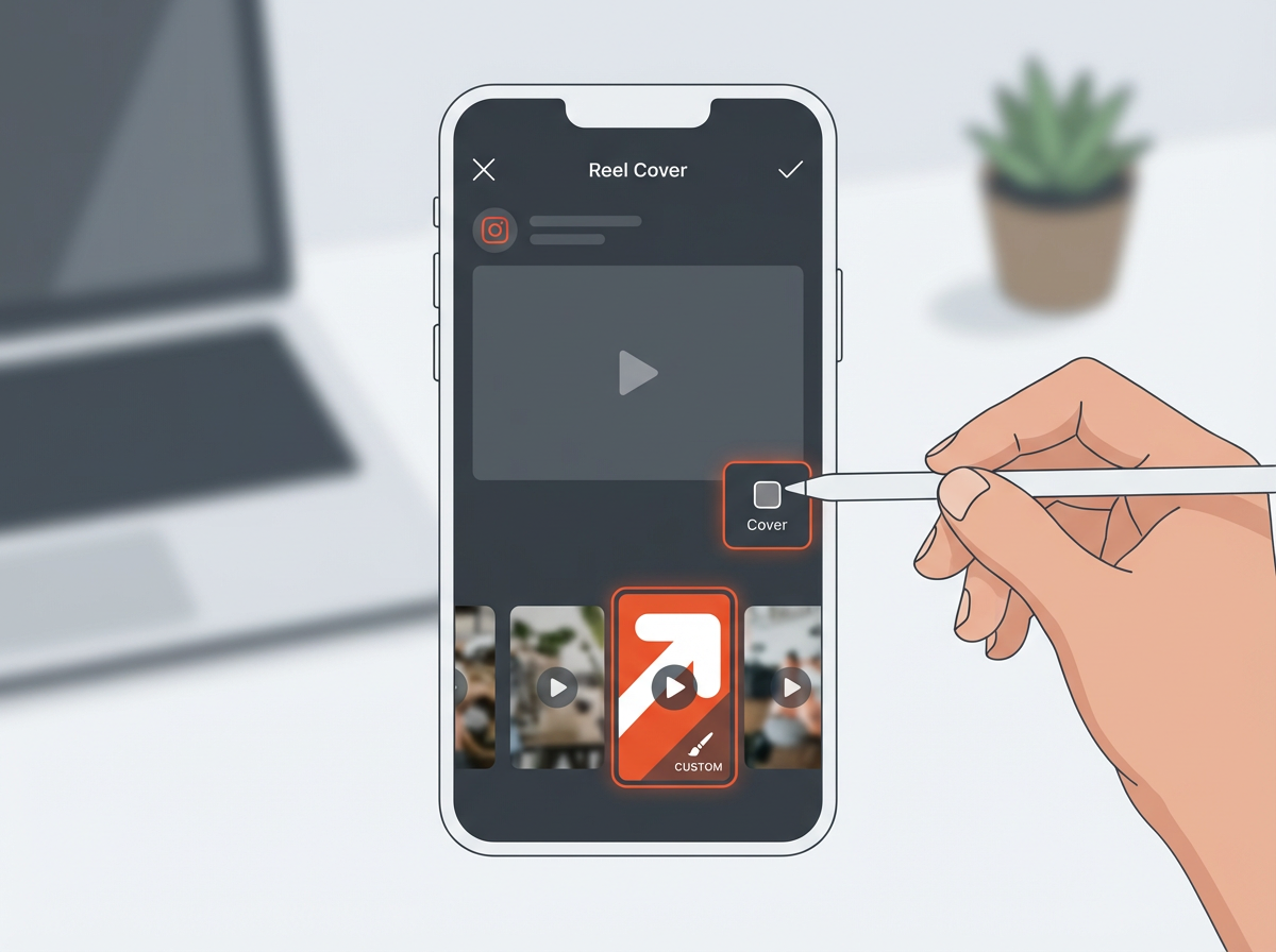 Phone mockup of Instagram Reel cover selection, bold custom thumbnail; how do you upload a youtube video to instagram