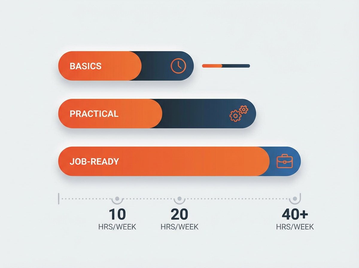 Chart of weekly hours to learn JS basics, practical skills, job-ready; how long does it take to learn javascript for me