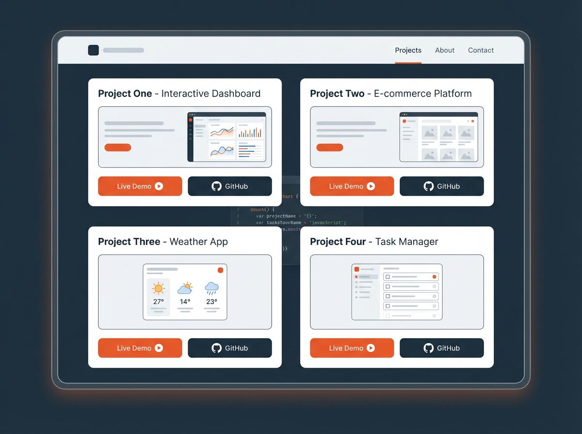 JavaScript portfolio mockup with 4 projects, live demo buttons, GitHub links; how long does it take to learn javascript for m