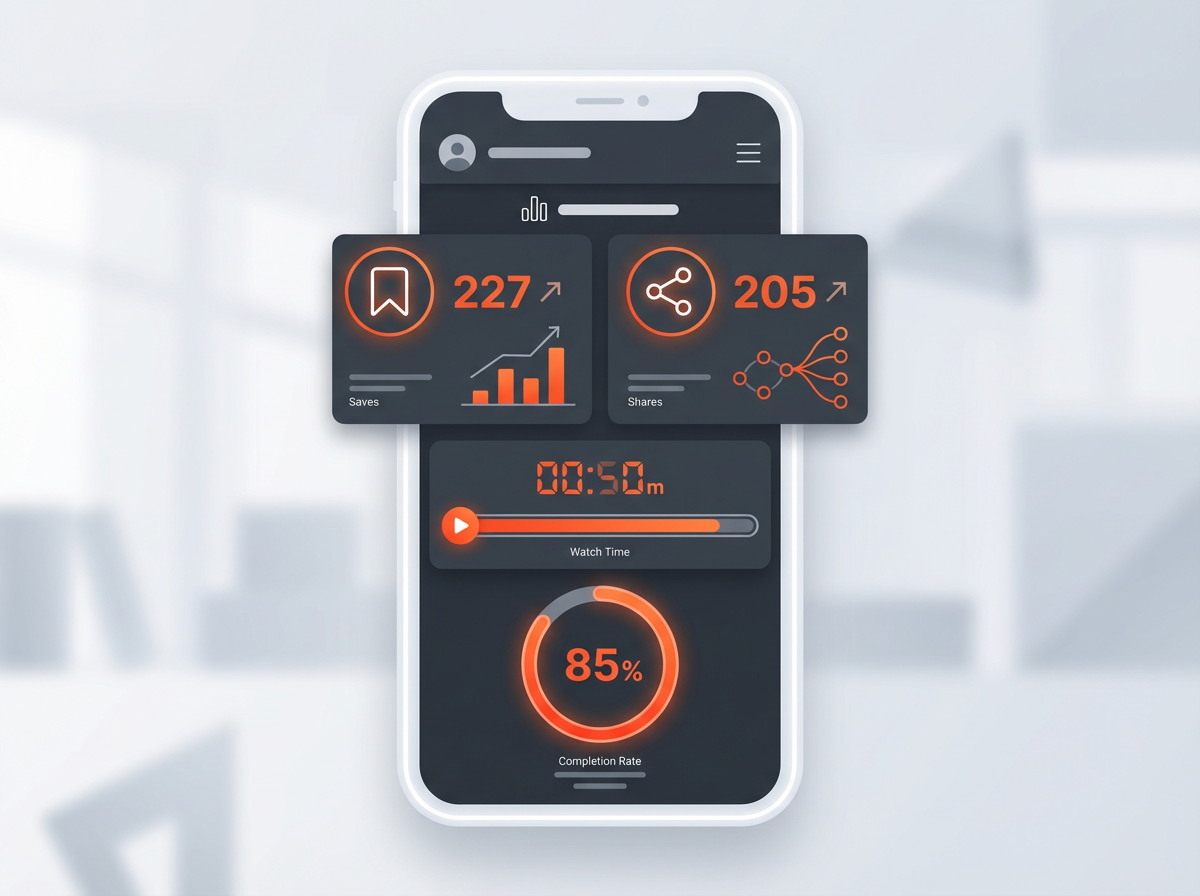 Instagram Insights mockup highlighting saves, shares, watch time, completion rate—How the Instagram Algorithm Works in 2026 (