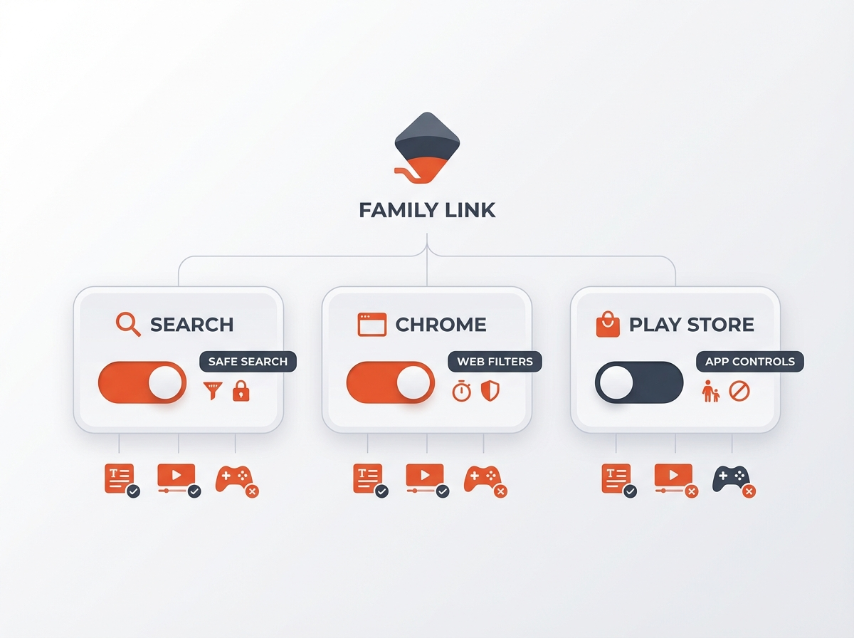Block Adult Content on Android: 5 Free Methods That Work 5 Google Family Link diagram: Search, Chrome, Play Store toggles for how to block adult content on android (5 Free Methods)