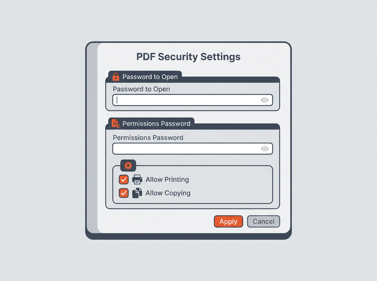 PDF security settings panel showing open and permissions passwords, print/copy options—User Password vs Owner Password in PDF