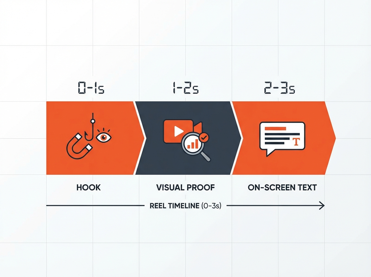 Infographic timeline of Reel’s first 3 seconds: Hook, Visual proof, On-screen text; How to Reduce Skip Rate on Instagram? (10
