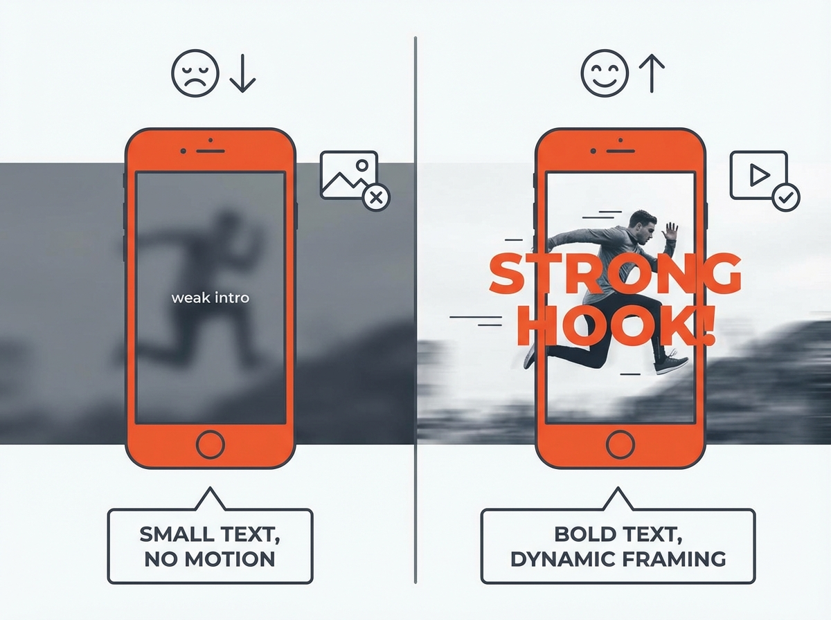 How to Reduce Skip Rate on Instagram? (10 Actionable Tips): weak Reel intro vs strong hook with bold text, motion, clear subj