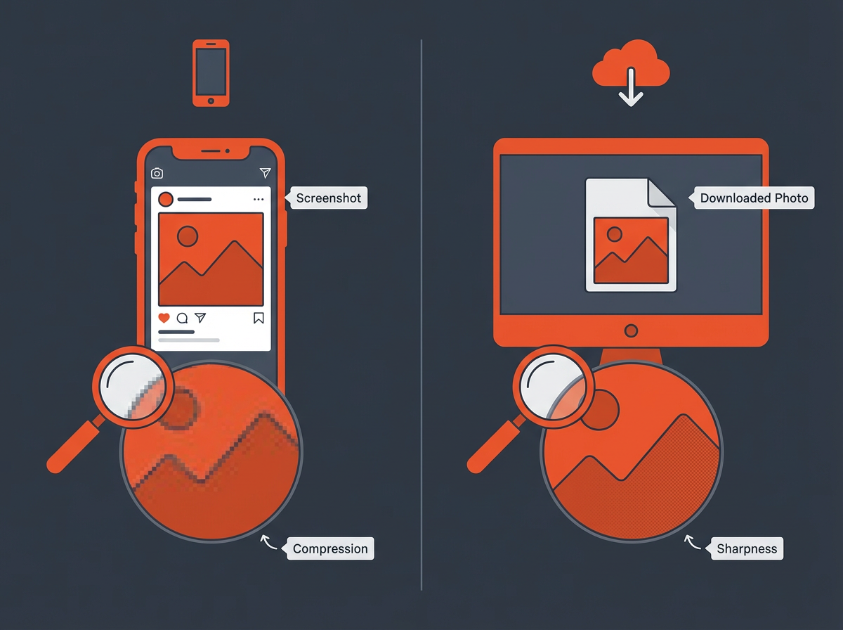 Instagram screenshot vs downloaded photo comparison, zoomed sharpness/compression detail, how to print out instagram pics​