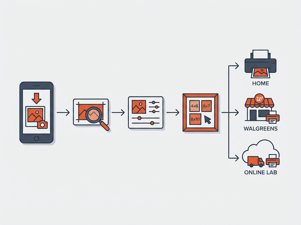 Flow chart on how to print out instagram pics: download photo, check crop, edit, choose size, print at home or lab