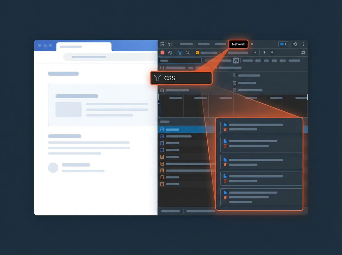 Chrome DevTools Network tab filtered to CSS requests, showing how to download some one's css