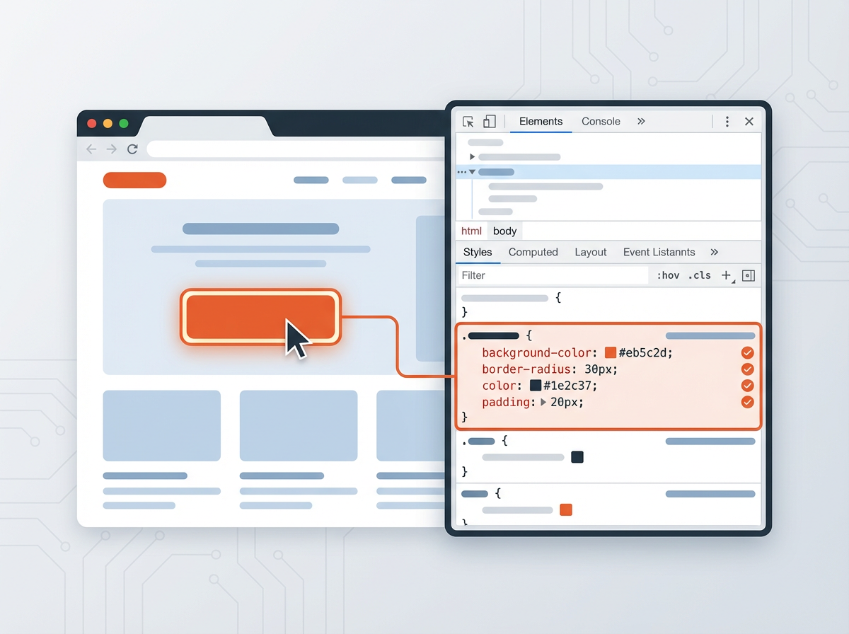 DevTools inspector highlighting a button; Styles pane shows matched rules, how to download some one's css