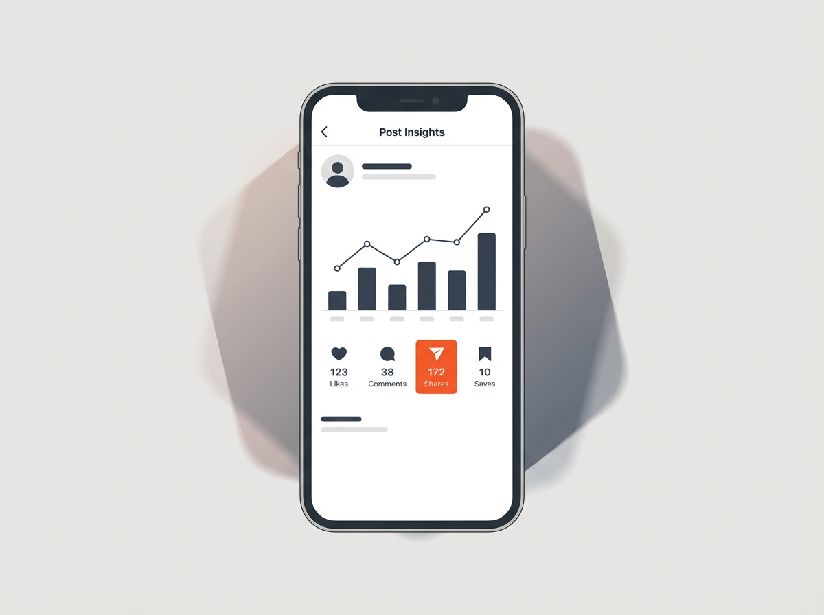 Phone mockup of Instagram Post Insights with Shares highlighted, showing how to know who shared your instagram post
