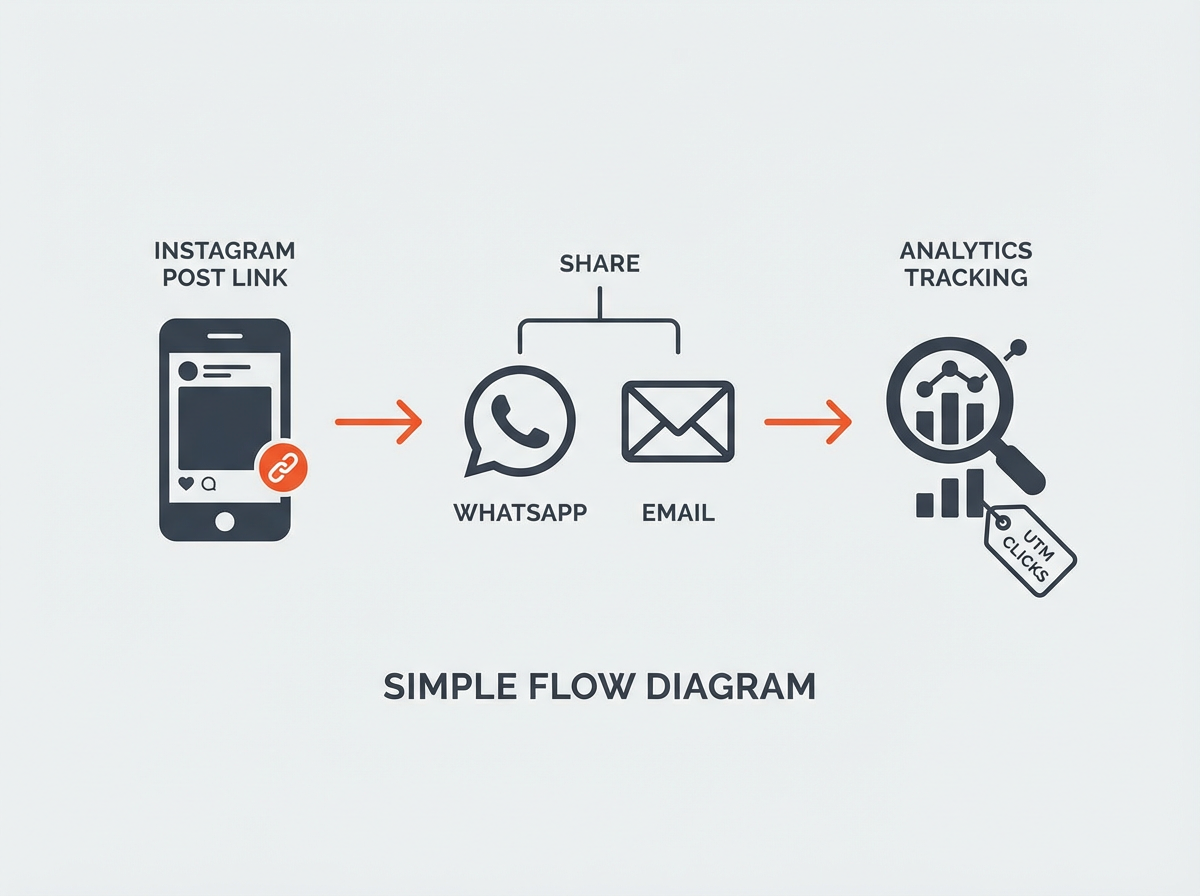 Flow chart showing how to know who shared your instagram post: copy link, share via WhatsApp/email, track UTM clicks