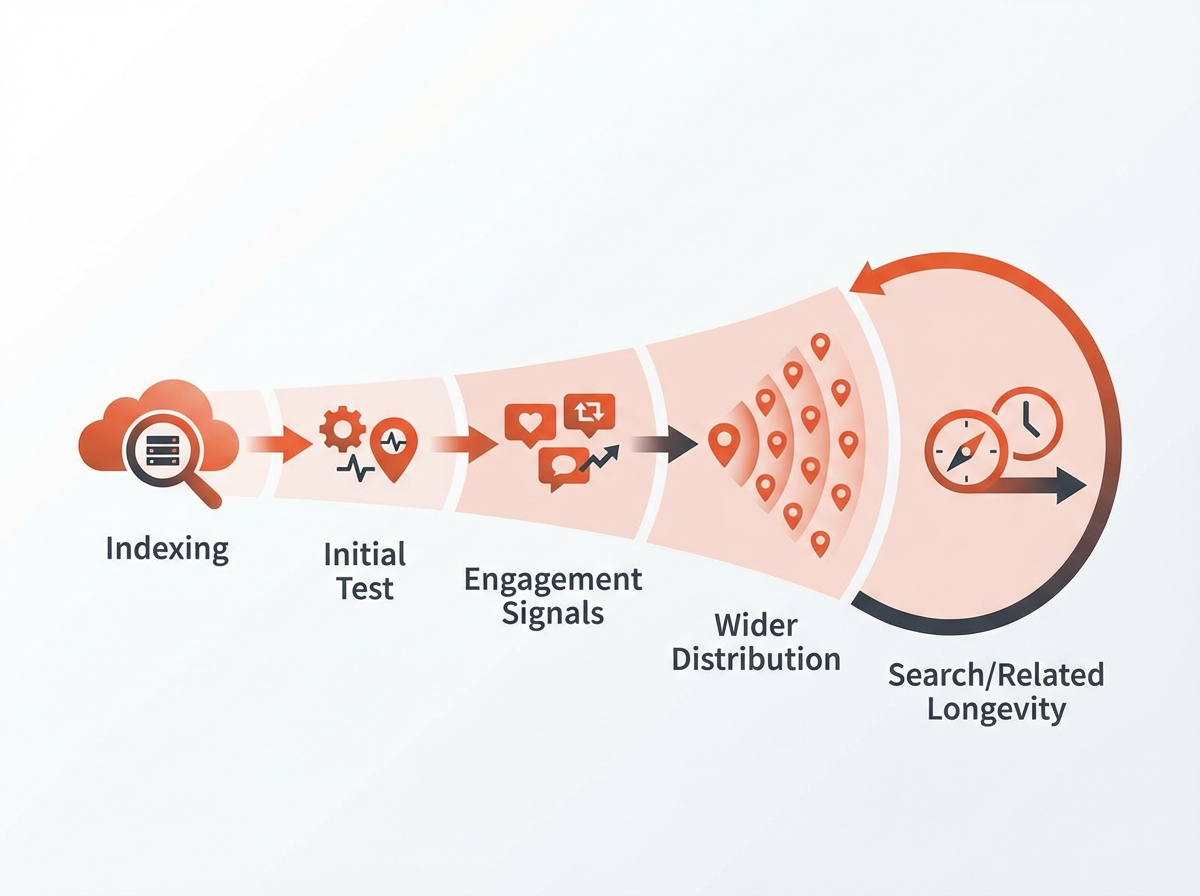 Pinterest distribution funnel diagram explaining how does pinterest algorithm work: indexing, test, engagement, wider distrib