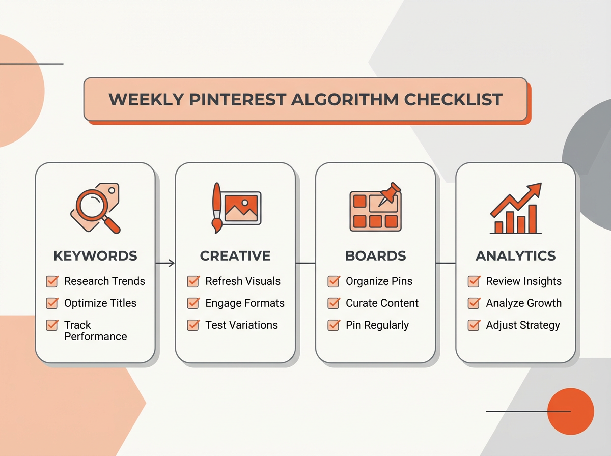 Weekly Pinterest Algorithm Checklist graphic; keywords, creative, boards, analytics; how does pinterest algorithm work
