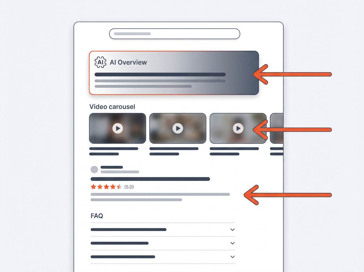 SERP mockup highlighting video carousel, AI Overview, and rich snippet with stars and FAQs—10 SEO Trends in 2026 (Advance act