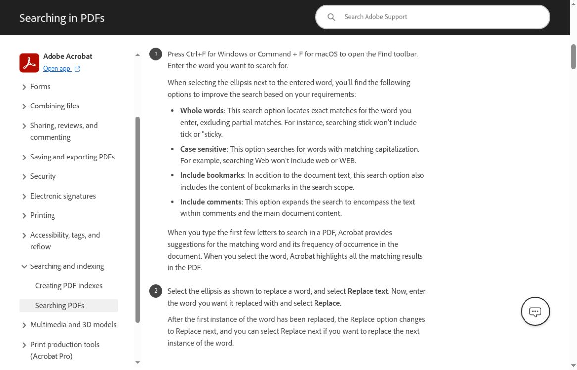 How to Search for a Word in a PDF on Any Device 2 Adobe Acrobat Help documentation showing Find shortcuts and whole-word, case-sensitive, bookmark and comment search options