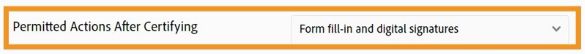 Focused Adobe Acrobat documentation excerpt showing a certification option that permits form filling and digital signatures