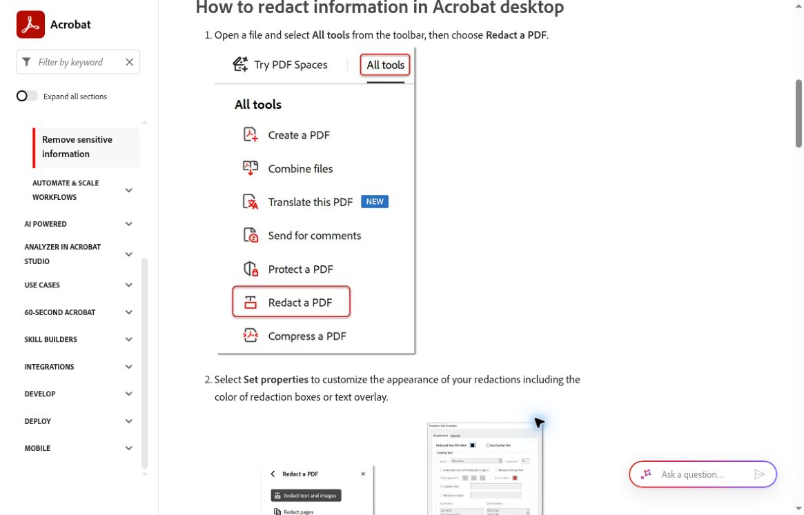 How to Redact a PDF: A Complete Sharing Workflow 2 Adobe's official tutorial illustration showing the All tools panel and Redact a PDF option.