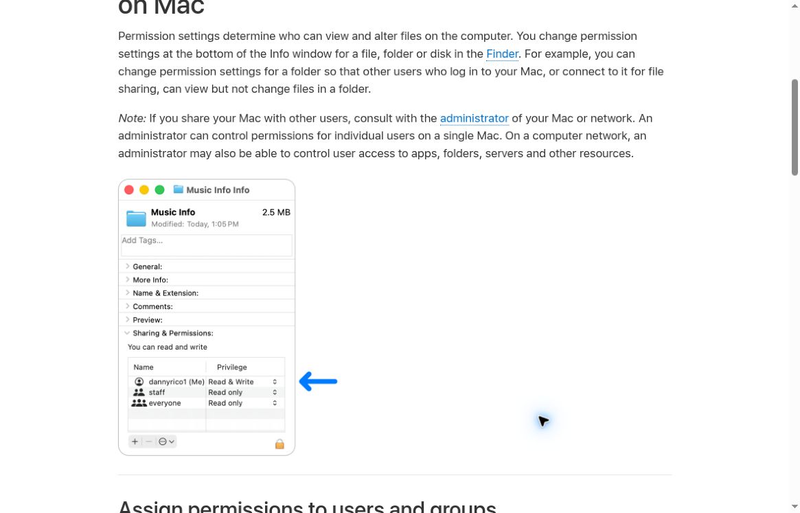 Apple's documentation showing an example Finder Info window with Sharing and Permissions expanded.