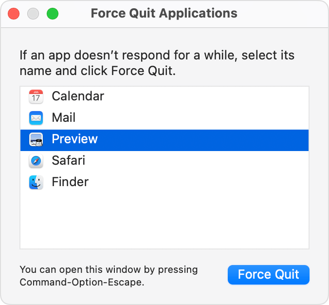 Apple support example of Force Quit Applications with Preview selected and the Force Quit button visible