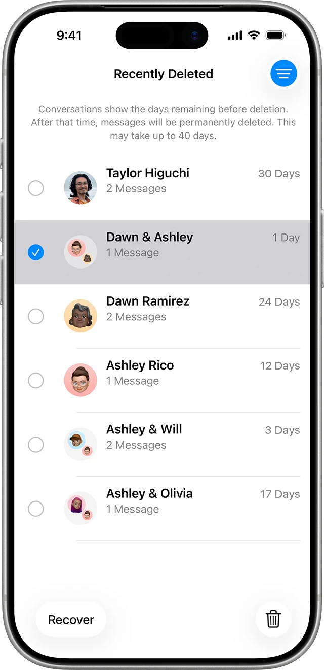 Apple’s example of Recently Deleted in Messages, with a conversation selected and Recover at the bottom
