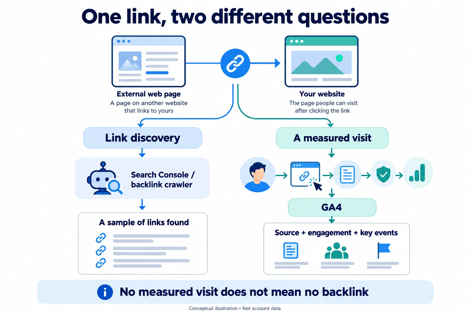 Two independent paths: crawlers discover a sample of links, while GA4 measures visits, sources, engagement and key events