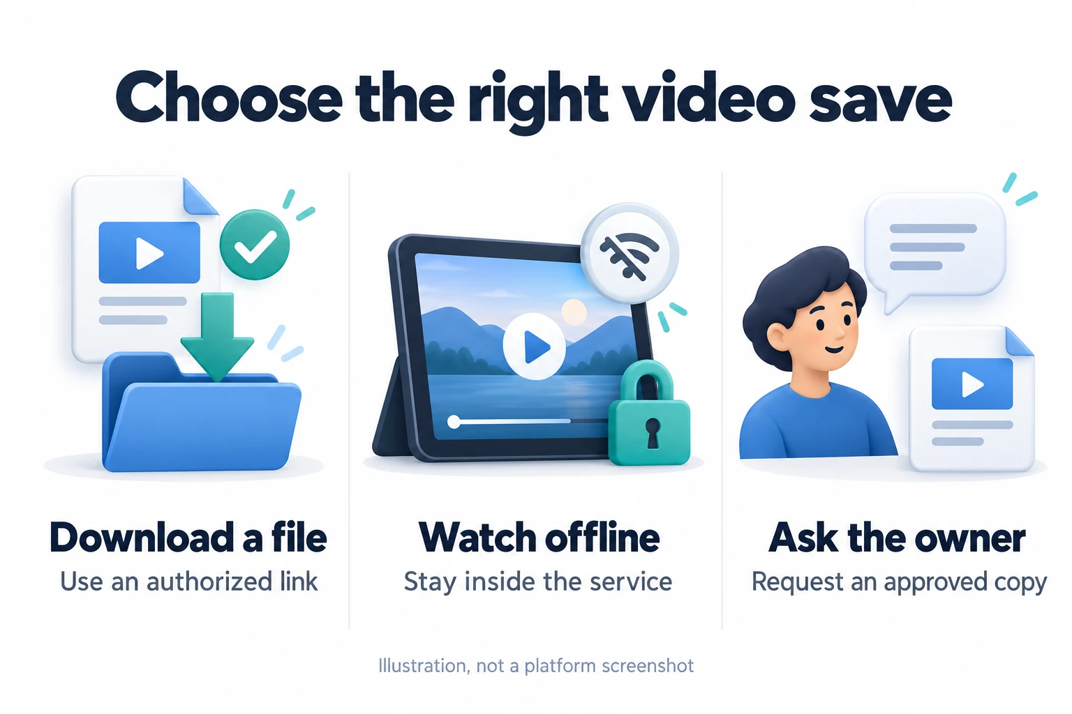 How to Download Videos From Websites Safely 2 Three ways to handle an online video: save an authorized file, watch inside the service offline, or ask the owner for a copy.