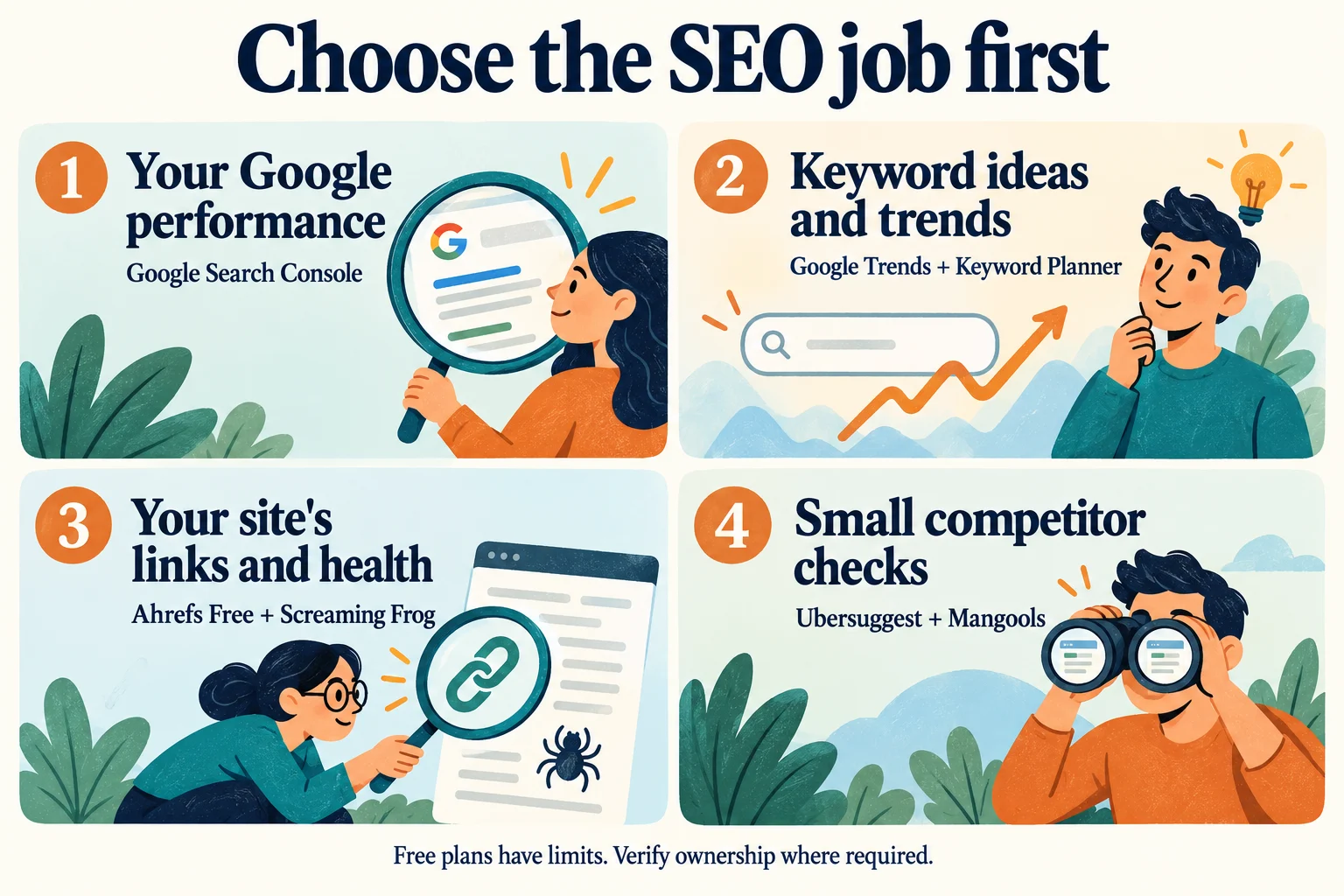 Free Semrush Alternatives: What to Use and When to Pay 2 Choose tools by the job: Search Console for your Google performance, Trends and Keyword Planner for ideas, Ahrefs Free and Screaming Frog for your site, and limited Ubersuggest or Mangools checks.